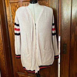 Grey, red, navy cardigan